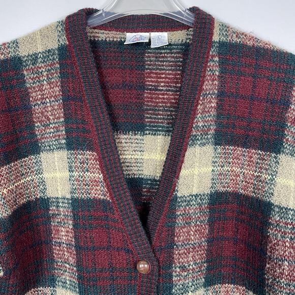 VTG 80s Grandpa Sweater Cardigan Size L Burgundy Plaid Wool Blend Leather Button - Picture 5 of 11